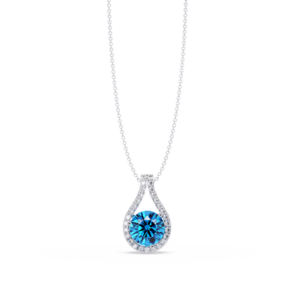 3.2 CTW Round Teardrop Halo Colorstone Pendant Necklace – Aquamarine Blue – 14K White Gold