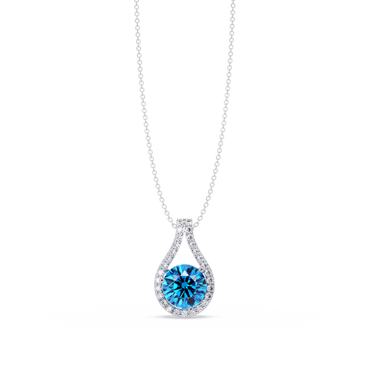 3.2 CTW Round Teardrop Halo Colorstone Pendant Necklace – Aquamarine Blue – 14K White Gold