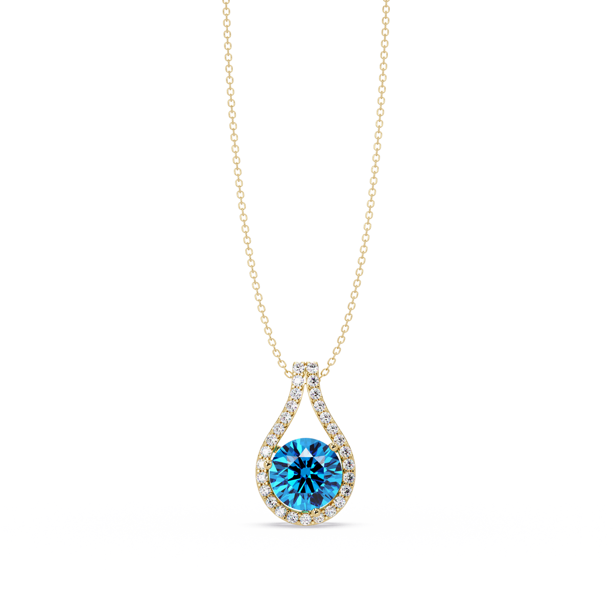 3.2 CTW Round Teardrop Halo Colorstone Pendant Necklace – Aquamarine Blue – 14K Yellow Gold