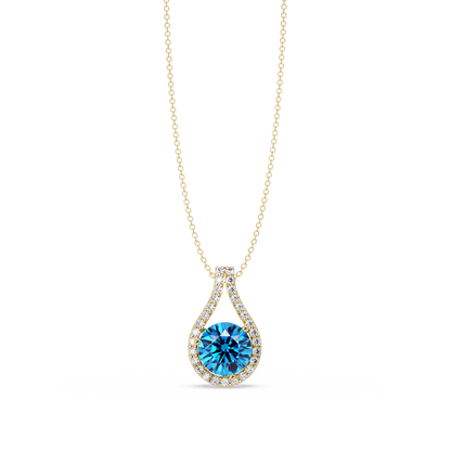 3.2 CTW Round Teardrop Halo Colorstone Pendant Necklace – Aquamarine Blue – 14K Yellow Gold