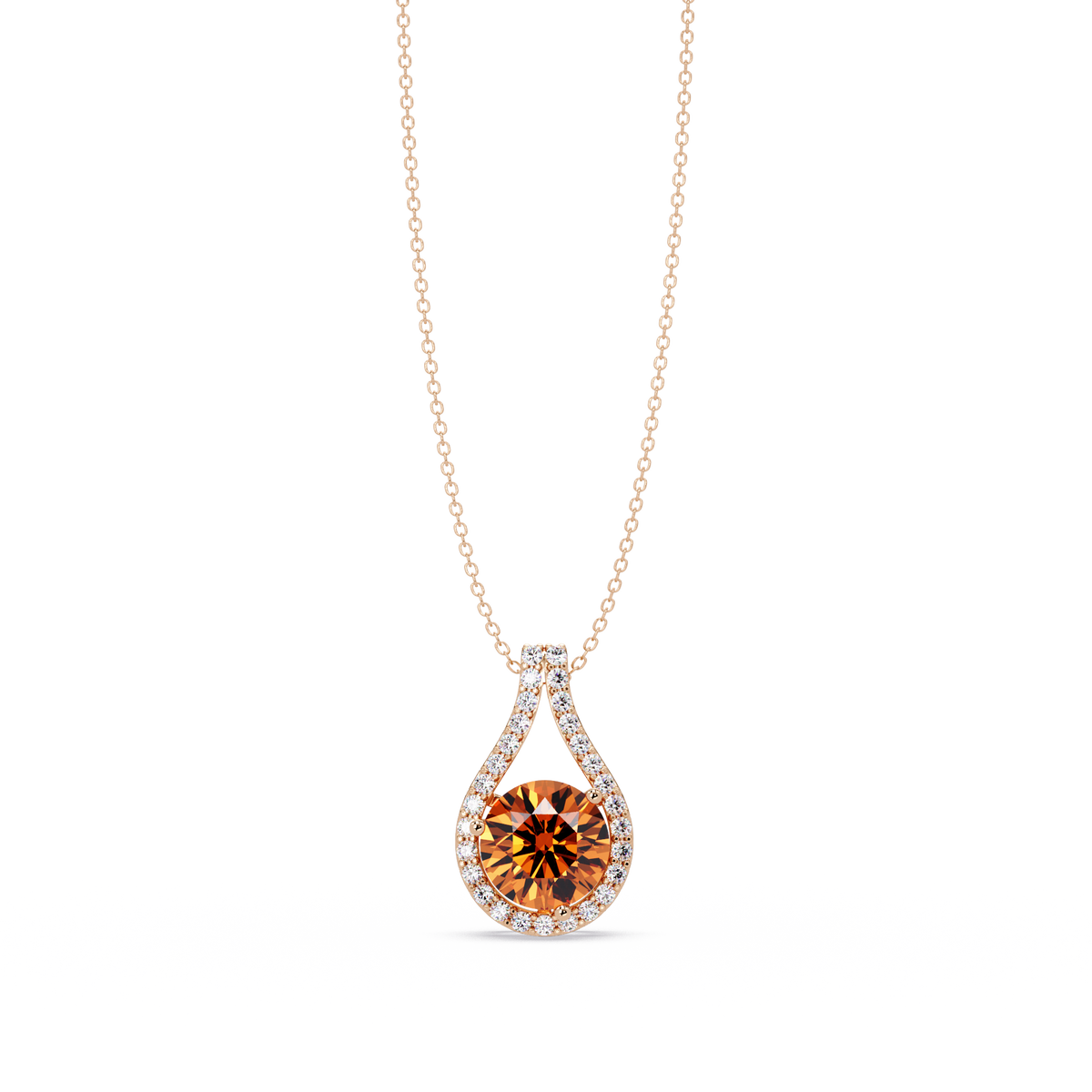 3.2 CTW Round Teardrop Halo Colorstone Pendant Necklace – Champagne Topaz – 14K Rose Gold