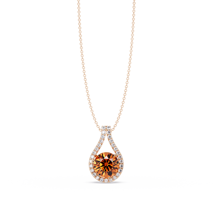 3.2 CTW Round Teardrop Halo Colorstone Pendant Necklace – Champagne Topaz – 14K Rose Gold