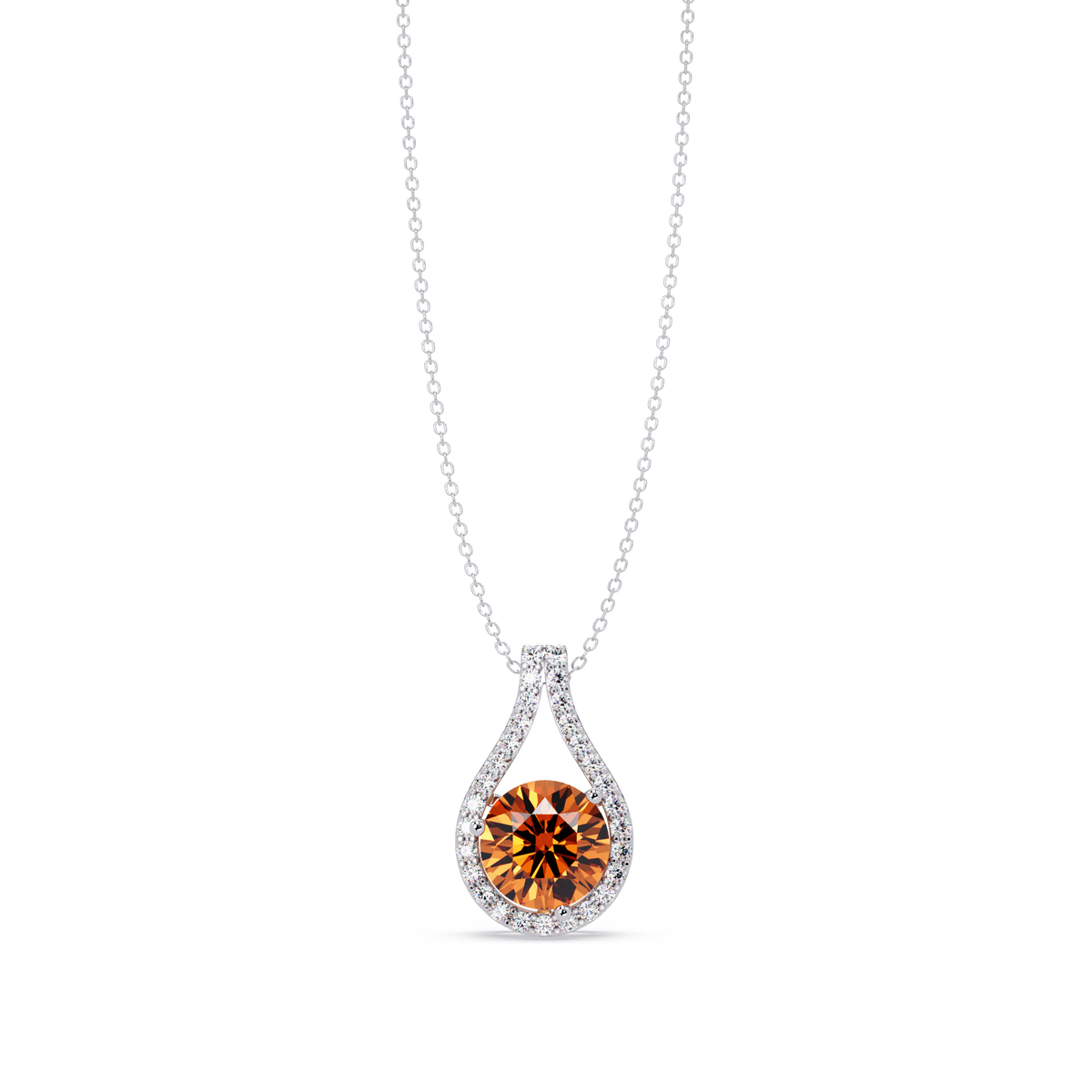3.2 CTW Round Teardrop Halo Colorstone Pendant Necklace – Champagne Topaz – 14K White Gold