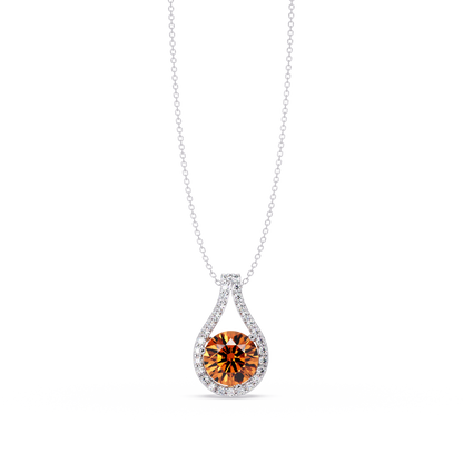 3.2 CTW Round Teardrop Halo Colorstone Pendant Necklace – Champagne Topaz – 14K White Gold