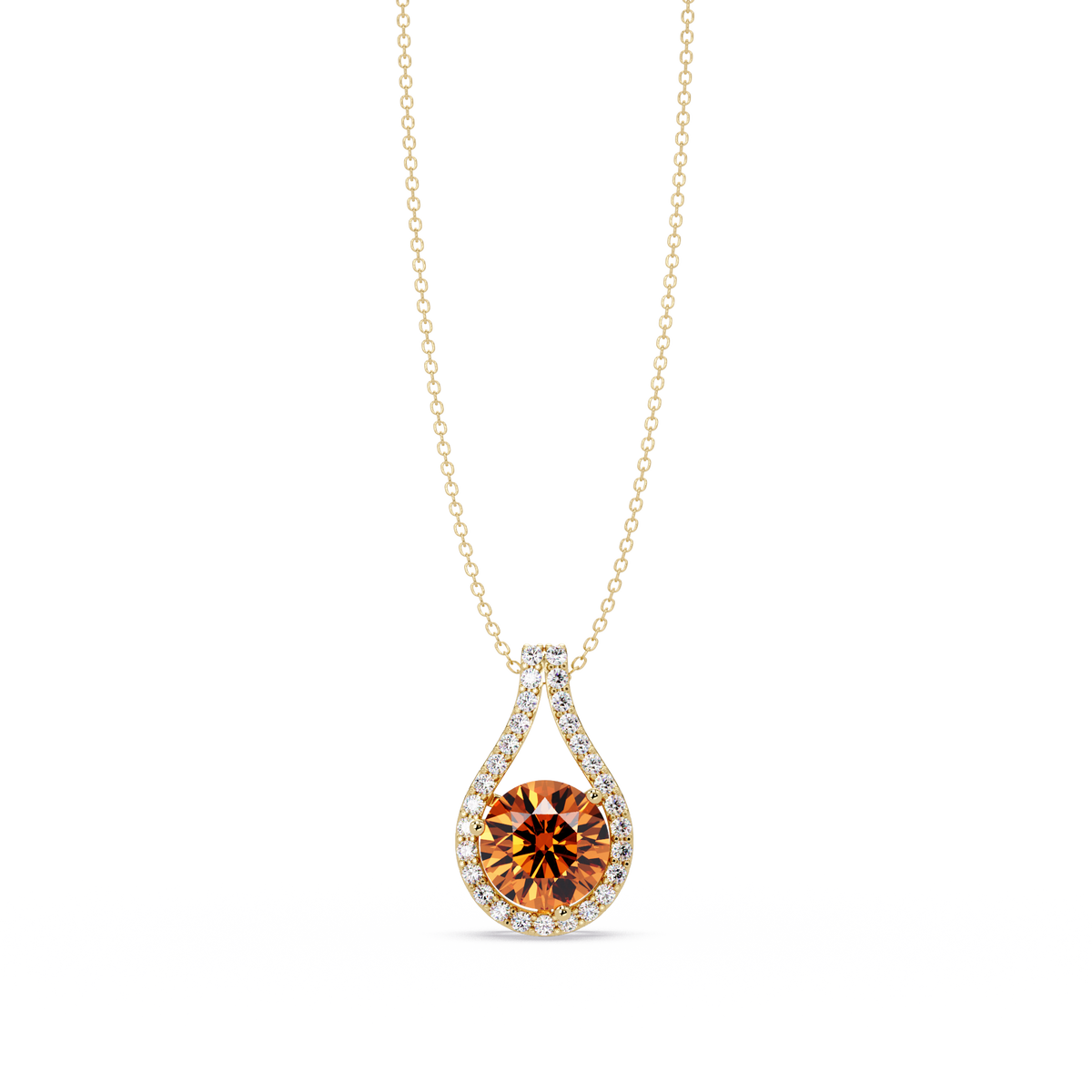3.2 CTW Round Teardrop Halo Colorstone Pendant Necklace – Champagne Topaz – 14K Yellow Gold
