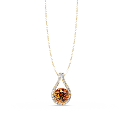 3.2 CTW Round Teardrop Halo Colorstone Pendant Necklace – Champagne Topaz – 14K Yellow Gold