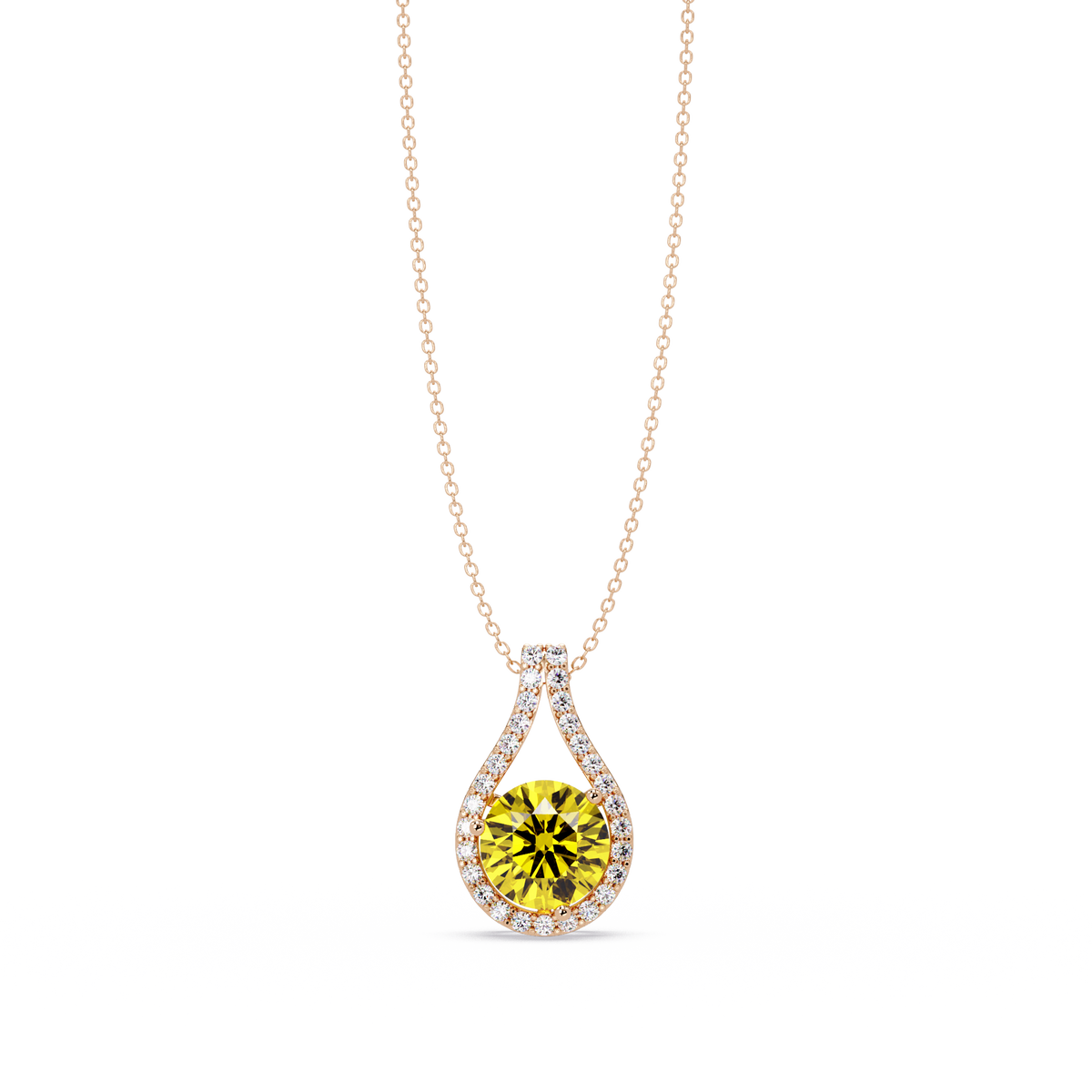 3.2 CTW Round Teardrop Halo Colorstone Pendant Necklace – Citrine Yellow – 14K Rose Gold