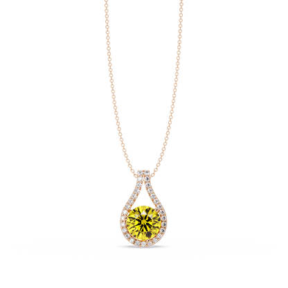 3.2 CTW Round Teardrop Halo Colorstone Pendant Necklace – Citrine Yellow – 14K Rose Gold