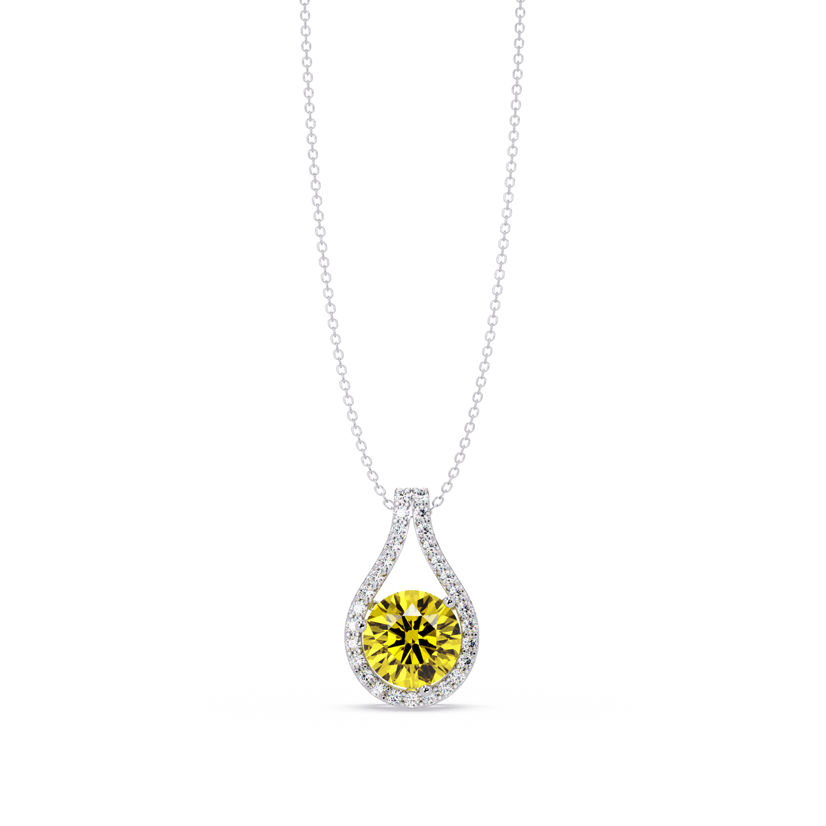 3.2 CTW Round Teardrop Halo Colorstone Pendant Necklace – Citrine Yellow – 14K White Gold