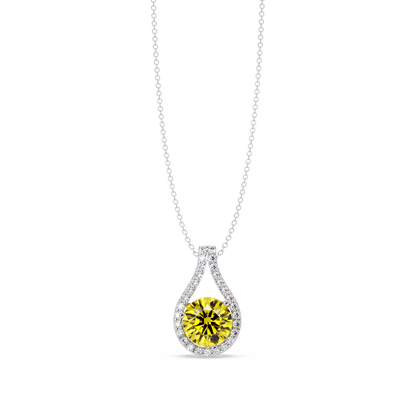 3.2 CTW Round Teardrop Halo Colorstone Pendant Necklace – Citrine Yellow – 14K White Gold