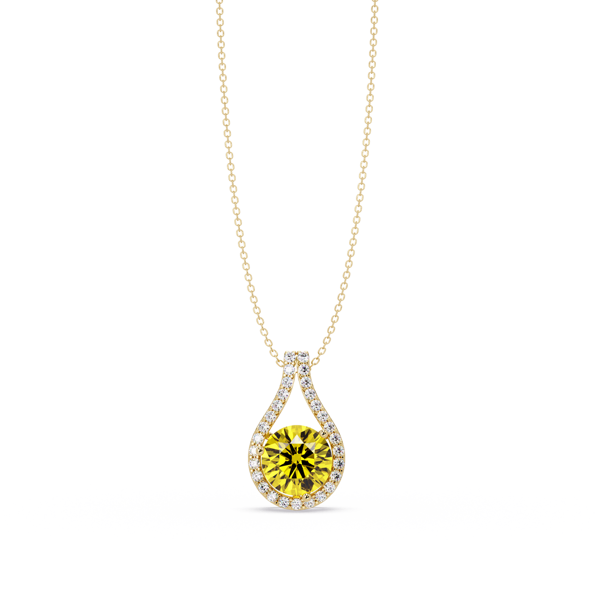 3.2 CTW Round Teardrop Halo Colorstone Pendant Necklace – Citrine Yellow – 14K Yellow Gold