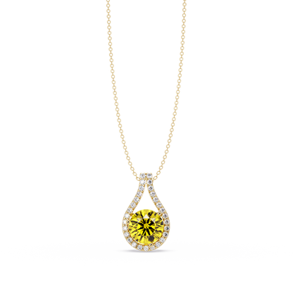 3.2 CTW Round Teardrop Halo Colorstone Pendant Necklace – Citrine Yellow – 14K Yellow Gold