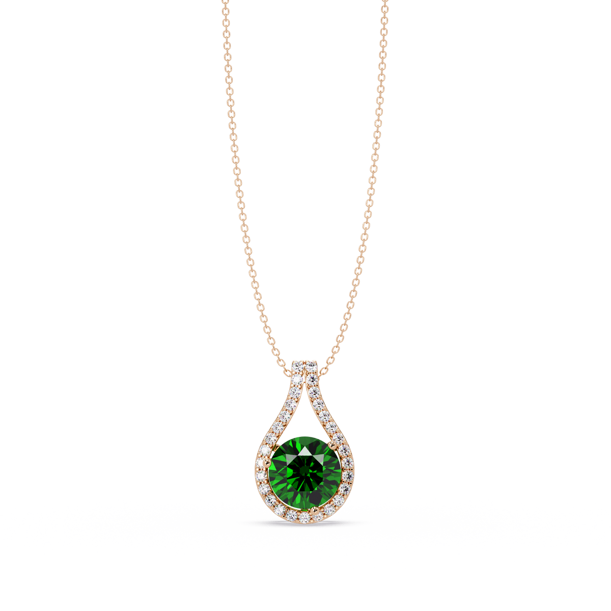 3.2 CTW Round Teardrop Halo Colorstone Pendant Necklace – Emerald Green – 14K Rose Gold