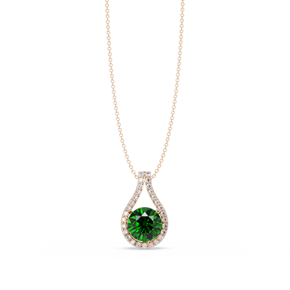 3.2 CTW Round Teardrop Halo Colorstone Pendant Necklace – Emerald Green – 14K Rose Gold