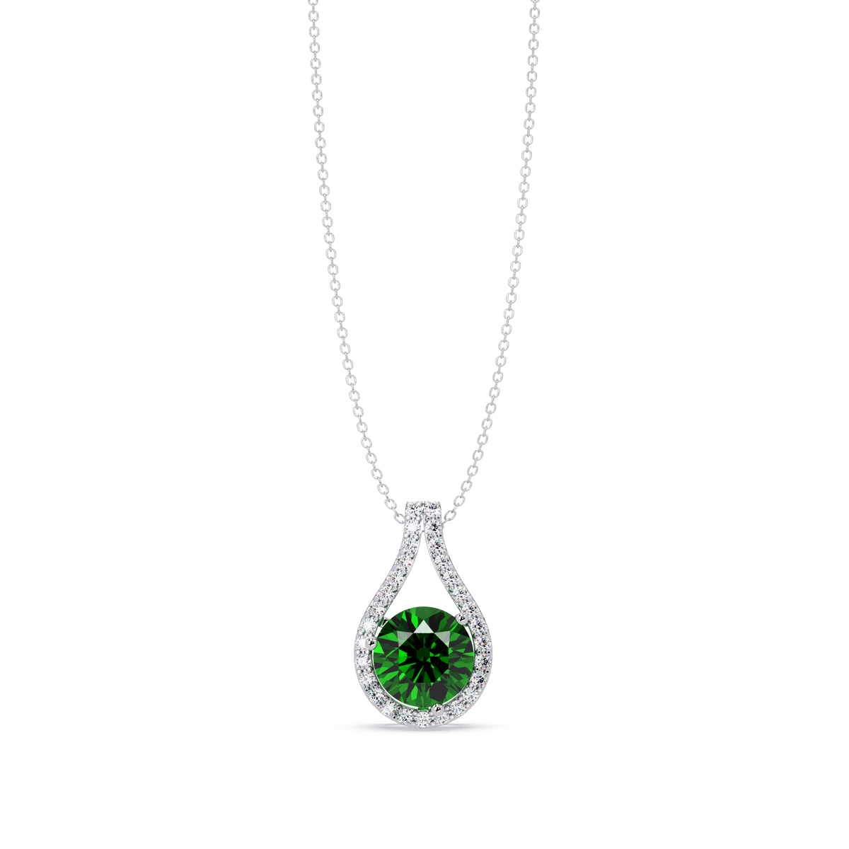 3.2 CTW Round Teardrop Halo Colorstone Pendant Necklace – Emerald Green – 14K White Gold
