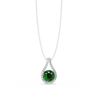 3.2 CTW Round Teardrop Halo Colorstone Pendant Necklace – Emerald Green – 14K White Gold