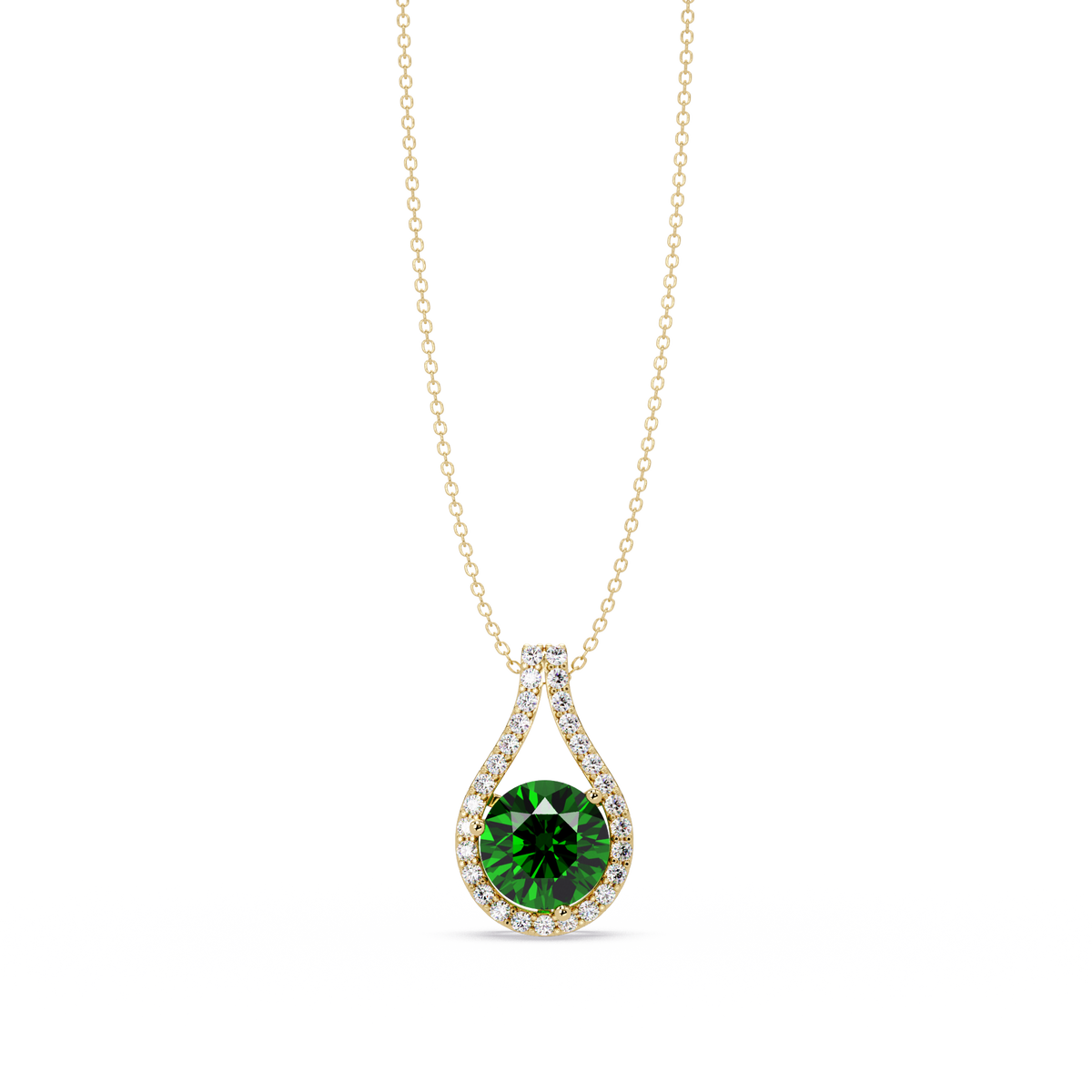 3.2 CTW Round Teardrop Halo Colorstone Pendant Necklace – Emerald Green – 14K Yellow Gold
