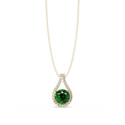 3.2 CTW Round Teardrop Halo Colorstone Pendant Necklace – Emerald Green – 14K Yellow Gold
