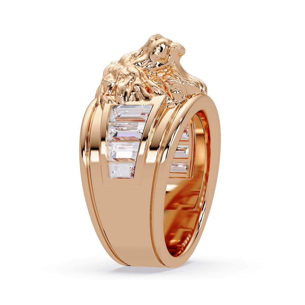 Sculptural Lion Crest Statement Ring in Rose Gold, three-quarter view – Lunéa Paris