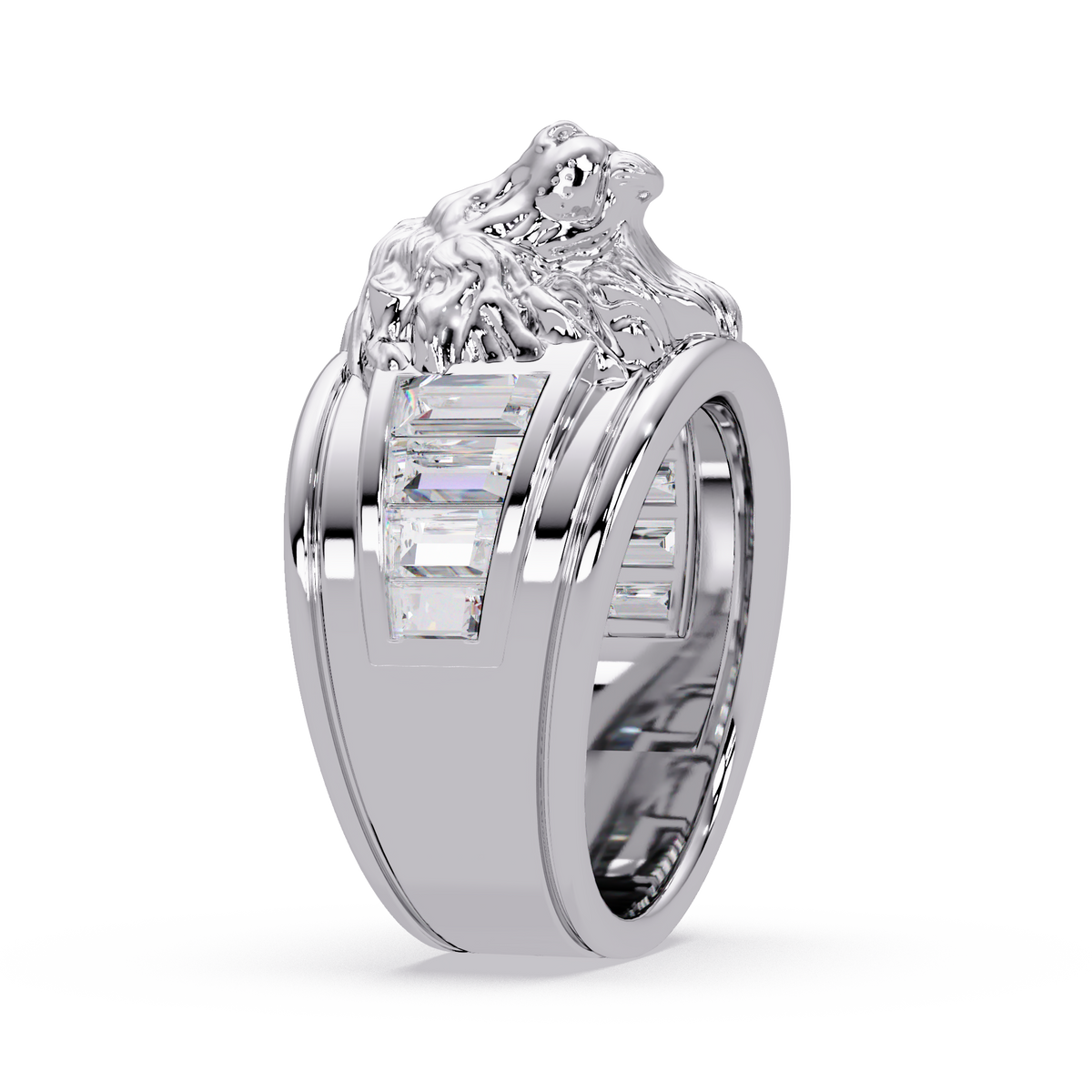 Sculptural Lion Crest Statement Ring in White Gold, three-quarter view – Lunéa Paris