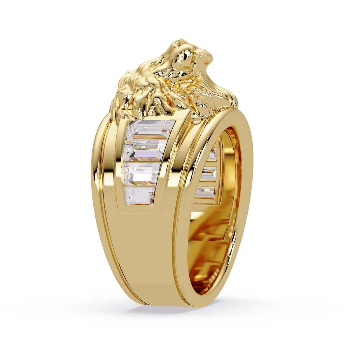 Sculptural Lion Crest Statement Ring in Yellow Gold, three-quarter view – Lunéa Paris