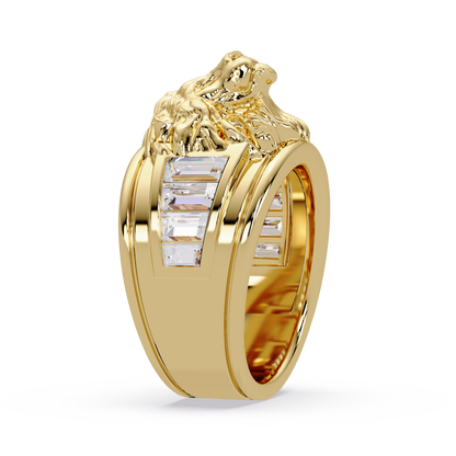 Sculptural Lion Crest Statement Ring in Yellow Gold, three-quarter view – Lunéa Paris