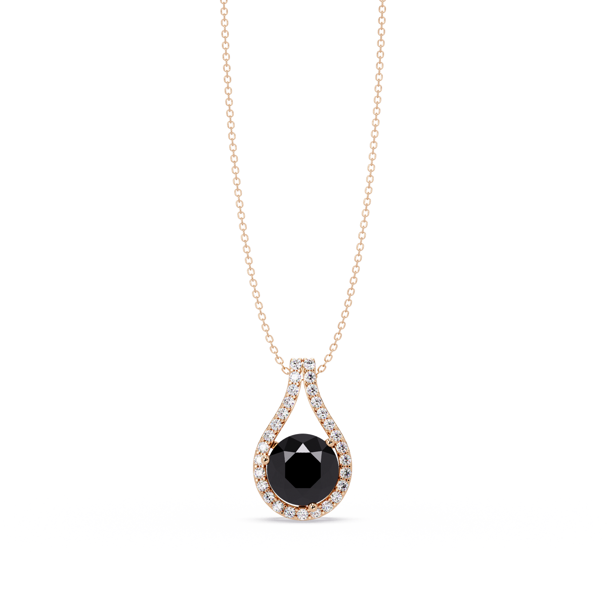 3.2 CTW Round Teardrop Halo Colorstone Pendant Necklace – Onyx – 14K Rose Gold
