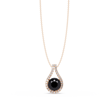 3.2 CTW Round Teardrop Halo Colorstone Pendant Necklace – Onyx – 14K Rose Gold