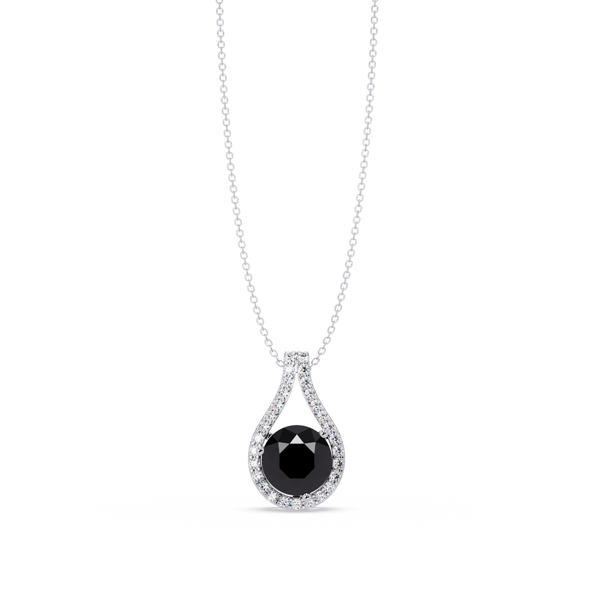 3.2 CTW Round Teardrop Halo Colorstone Pendant Necklace – Onyx – 14K White Gold