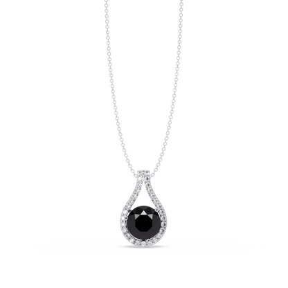 3.2 CTW Round Teardrop Halo Colorstone Pendant Necklace – Onyx – 14K White Gold