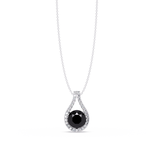 3.2 CTW Round Teardrop Halo Colorstone Pendant Necklace – Onyx – 14K White Gold