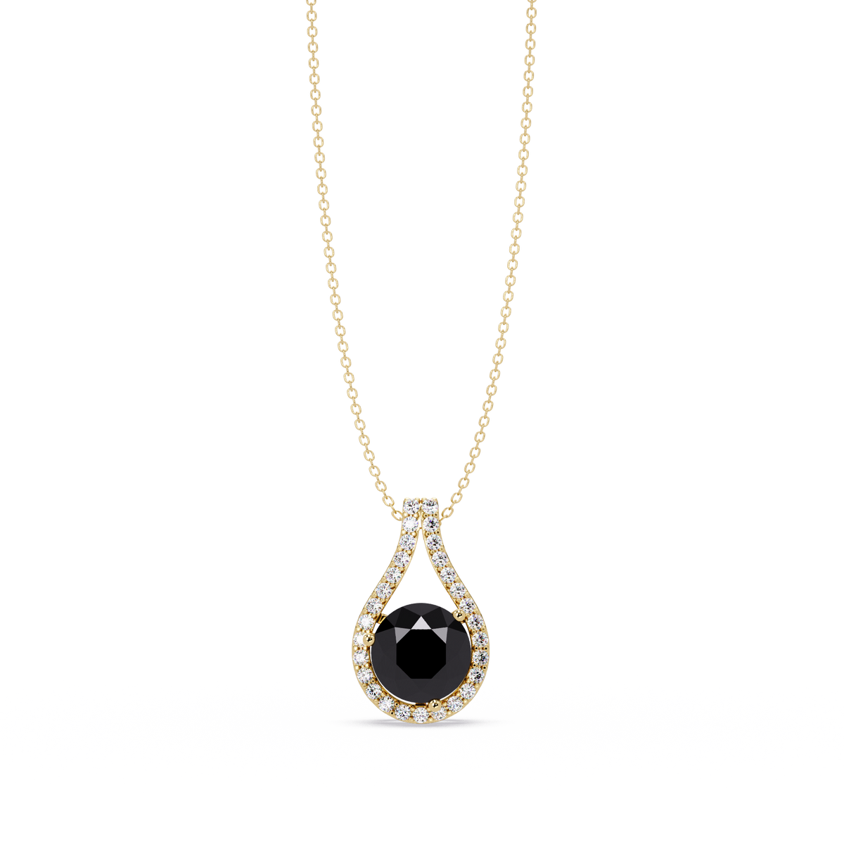 3.2 CTW Round Teardrop Halo Colorstone Pendant Necklace – Onyx – 14K Yellow Gold