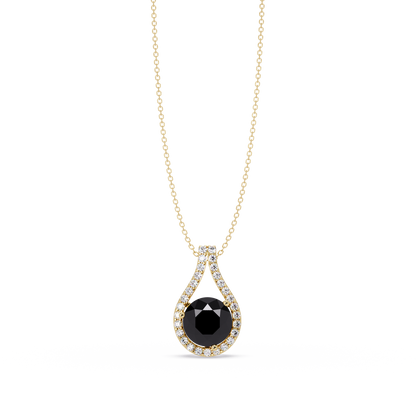 3.2 CTW Round Teardrop Halo Colorstone Pendant Necklace – Onyx – 14K Yellow Gold
