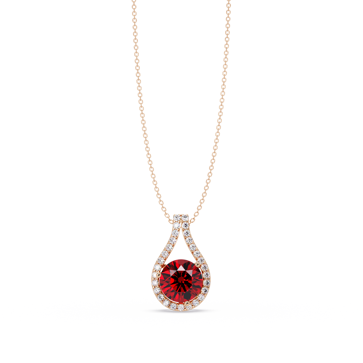 3.2 CTW Round Teardrop Halo Colorstone Pendant Necklace – Ruby Red – 14K Rose Gold