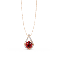 3.2 CTW Round Teardrop Halo Colorstone Pendant Necklace – Ruby Red – 14K Rose Gold