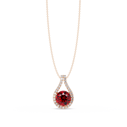 3.2 CTW Round Teardrop Halo Colorstone Pendant Necklace – Ruby Red – 14K Rose Gold