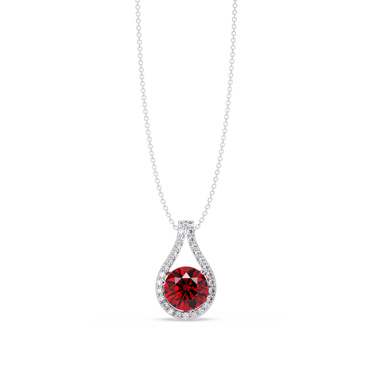 3.2 CTW Round Teardrop Halo Colorstone Pendant Necklace – Ruby Red – 14K White Gold