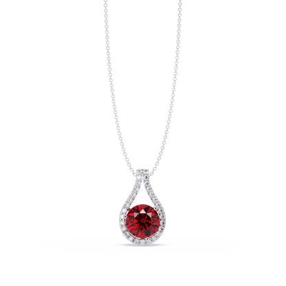 3.2 CTW Round Teardrop Halo Colorstone Pendant Necklace – Ruby Red – 14K White Gold