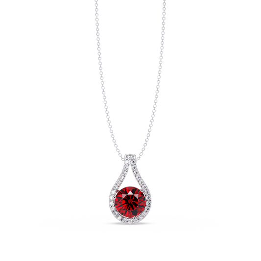 3.2 CTW Round Teardrop Halo Colorstone Pendant Necklace – Ruby Red – 14K White Gold