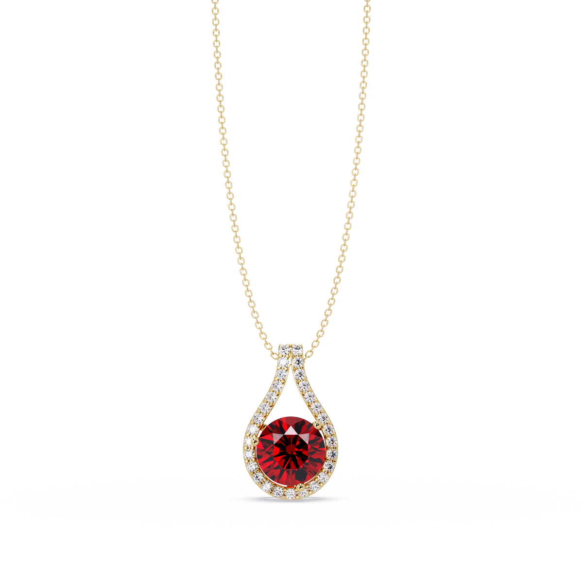 3.2 CTW Round Teardrop Halo Colorstone Pendant Necklace – Ruby Red – 14K Yellow Gold