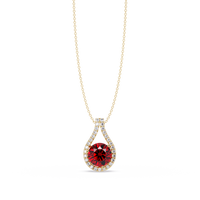 3.2 CTW Round Teardrop Halo Colorstone Pendant Necklace – Ruby Red – 14K Yellow Gold