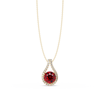 3.2 CTW Round Teardrop Halo Colorstone Pendant Necklace – Ruby Red – 14K Yellow Gold