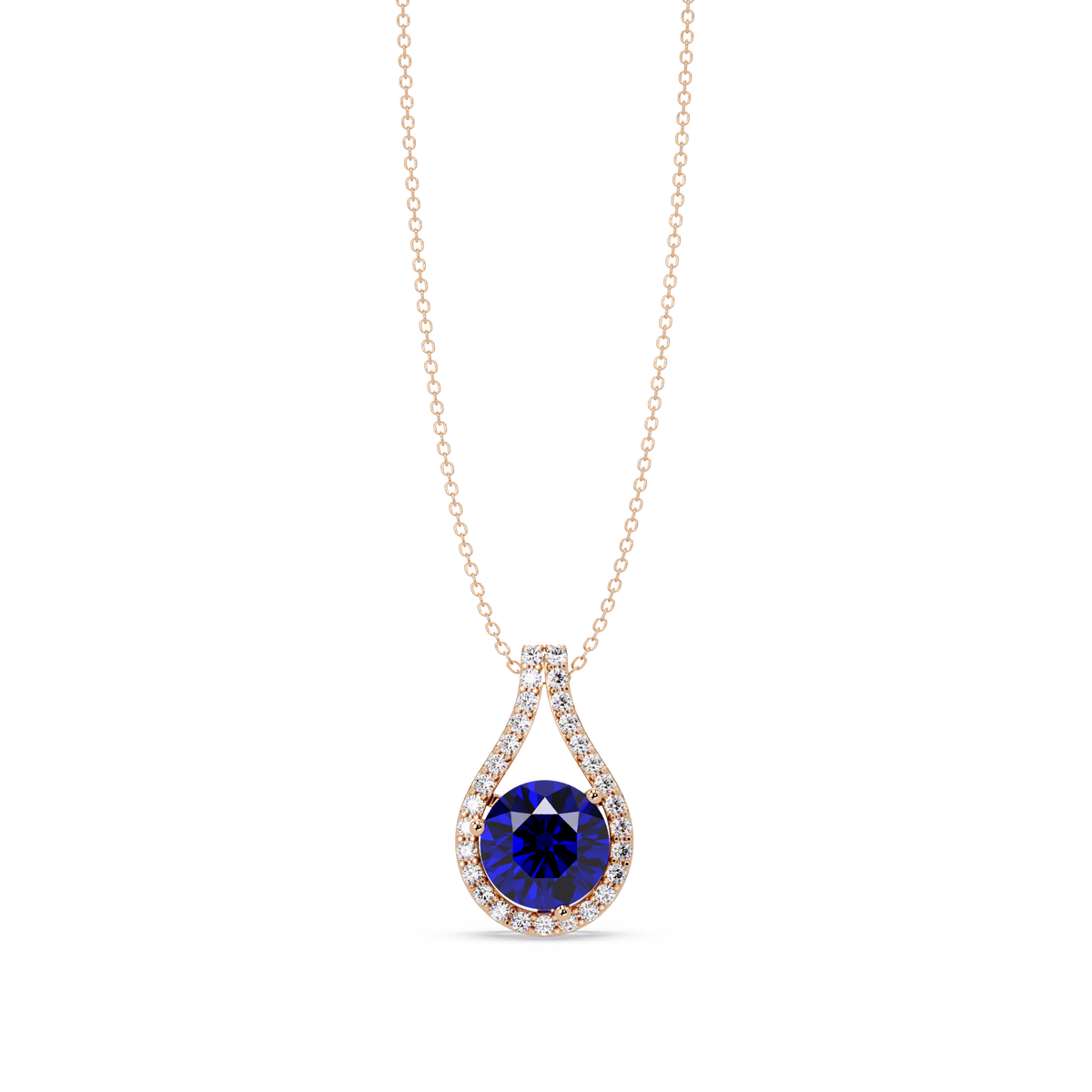 3.2 CTW Round Teardrop Halo Colorstone Pendant Necklace – Sapphire Blue – 14K Rose Gold