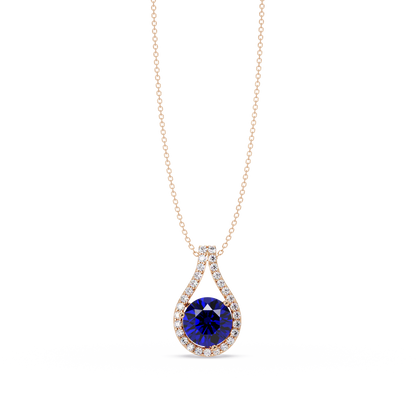 3.2 CTW Round Teardrop Halo Colorstone Pendant Necklace – Sapphire Blue – 14K Rose Gold