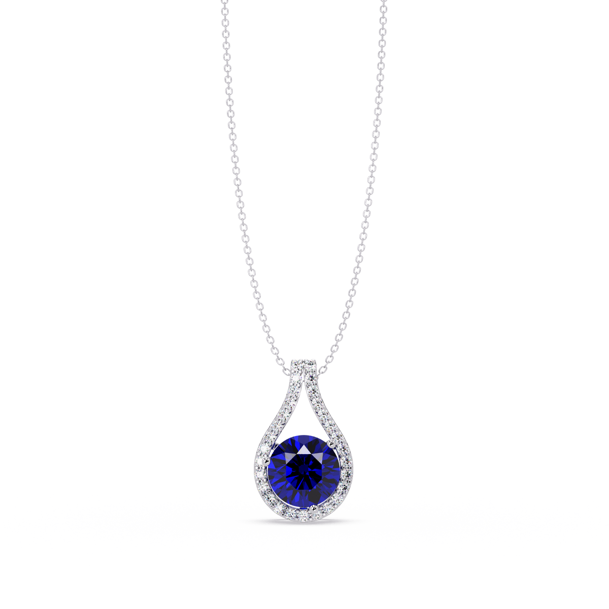 3.2 CTW Round Teardrop Halo Colorstone Pendant Necklace – Sapphire Blue – 14K White Gold
