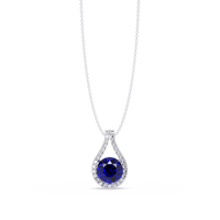 3.2 CTW Round Teardrop Halo Colorstone Pendant Necklace – Sapphire Blue – 14K White Gold