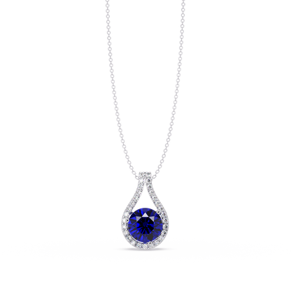 3.2 CTW Round Teardrop Halo Colorstone Pendant Necklace – Sapphire Blue – 14K White Gold