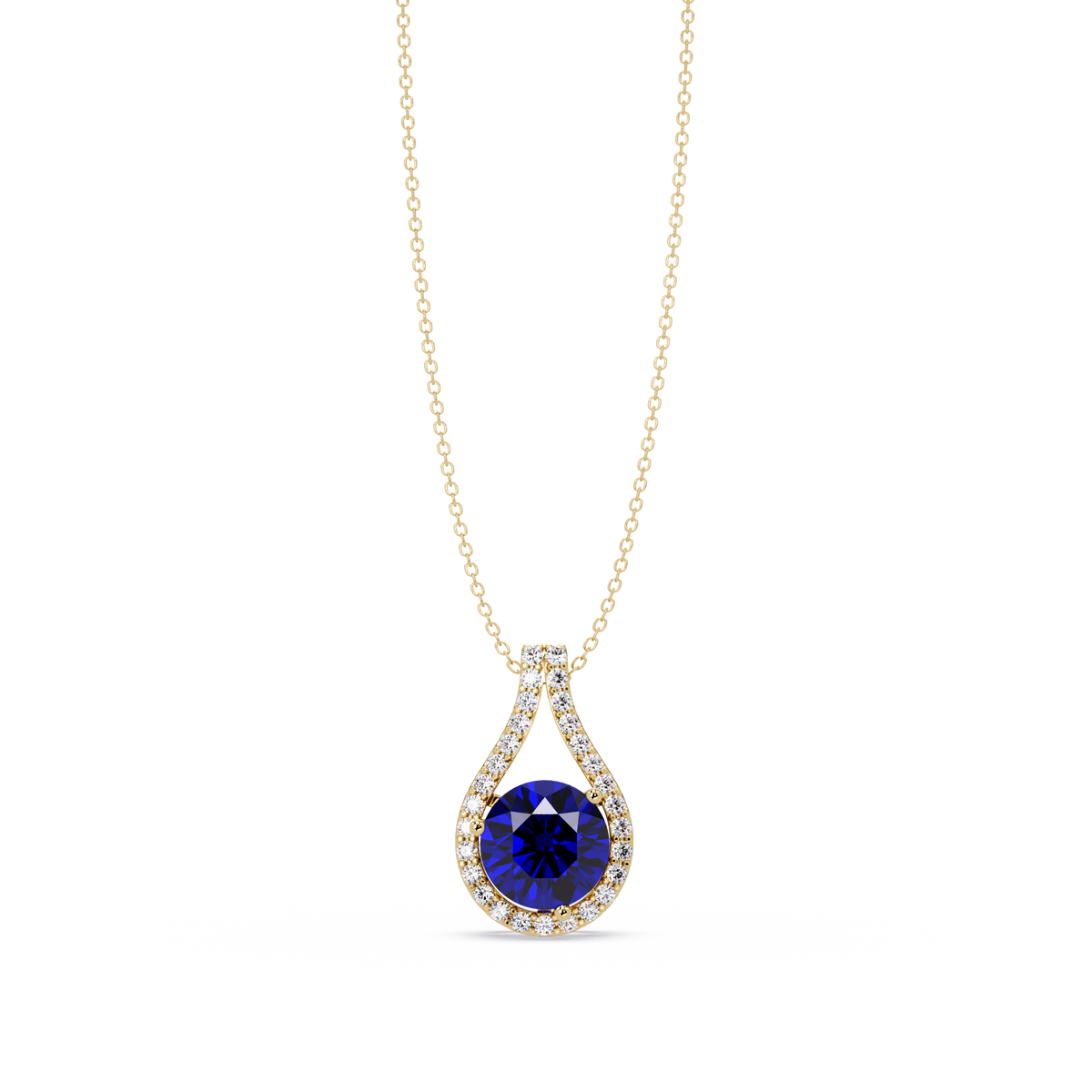3.2 CTW Round Teardrop Halo Colorstone Pendant Necklace – Sapphire Blue – 14K Yellow Gold
