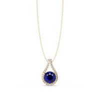 3.2 CTW Round Teardrop Halo Colorstone Pendant Necklace – Sapphire Blue – 14K Yellow Gold