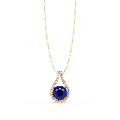 3.2 CTW Round Teardrop Halo Colorstone Pendant Necklace – Sapphire Blue – 14K Yellow Gold